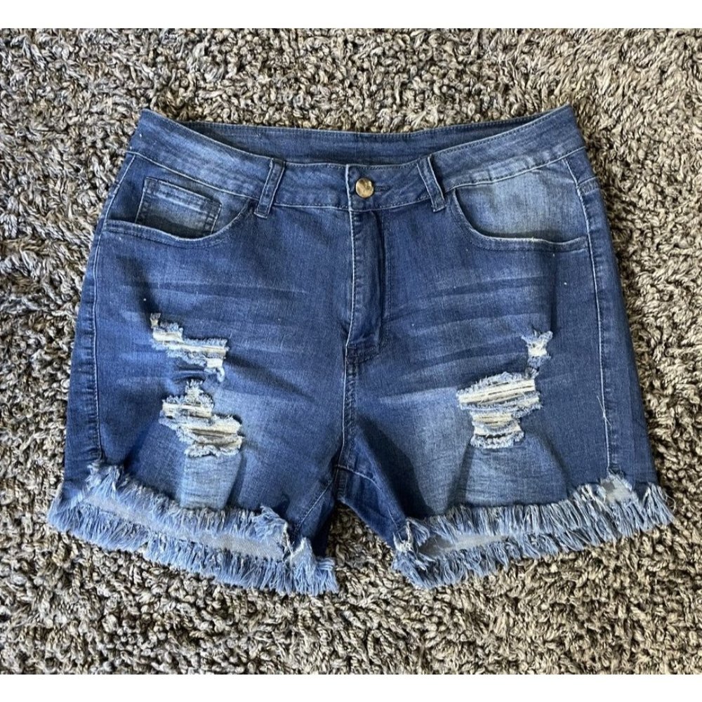 Shirley & Stone  Distressed Mid-Rise Dark Wash Denim Shorts